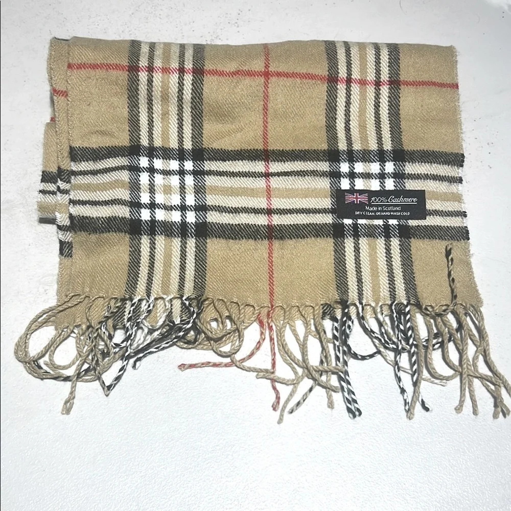 Burberry Tan Plaid Cashmere Scarf 12x64